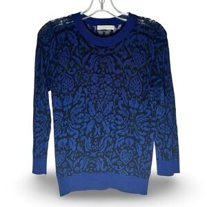 Hinge XS Blue Floral‎ Damask Print Sheer Long Sleeve Knit Top Sweater